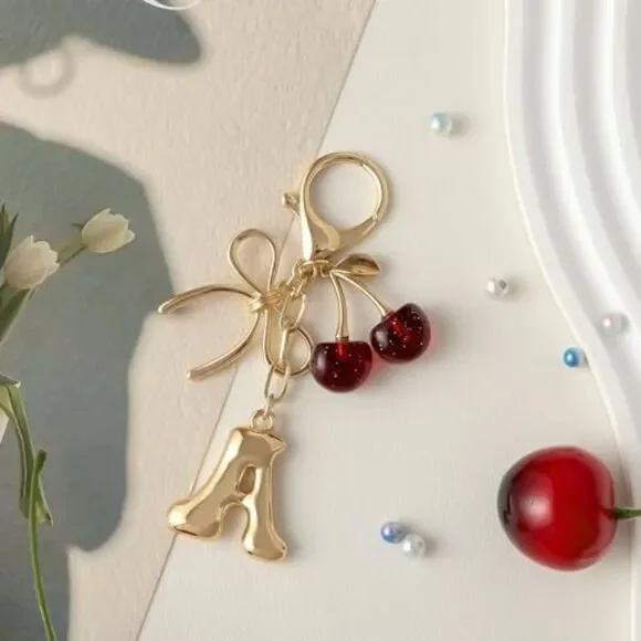 Bubble Initial Keychain Bow Cherry Gold Letter Bag Charm for Women Purse Handbag - Picture 6 of 7